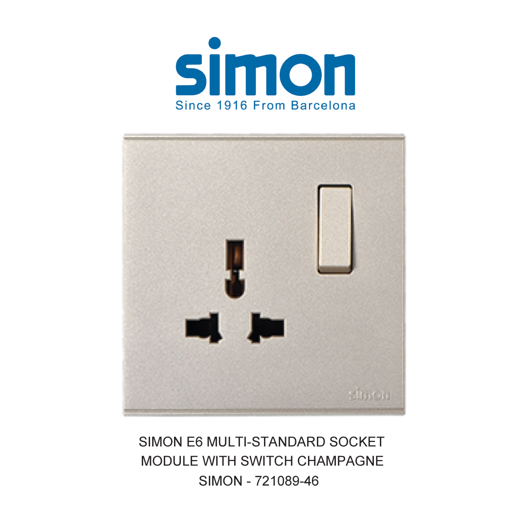 SIMON E6 STOP KONTAK MULTI-STANDARD DENGAN SAKELAR CHAMPAGNE