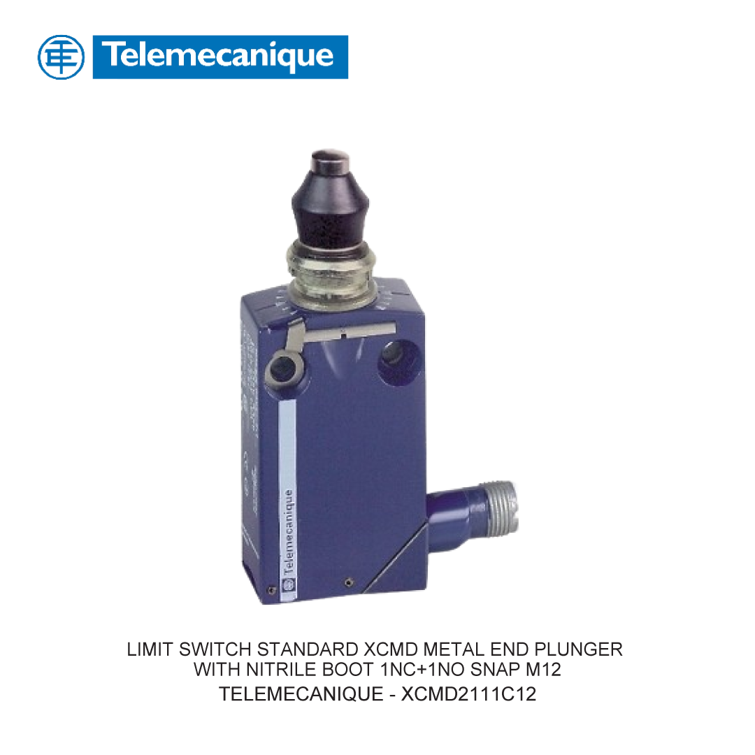 LIMIT SWITCH STANDARD XCMD METAL END PLUNGER WITH NITRILE BOOT 1NC+1NO SNAP M12