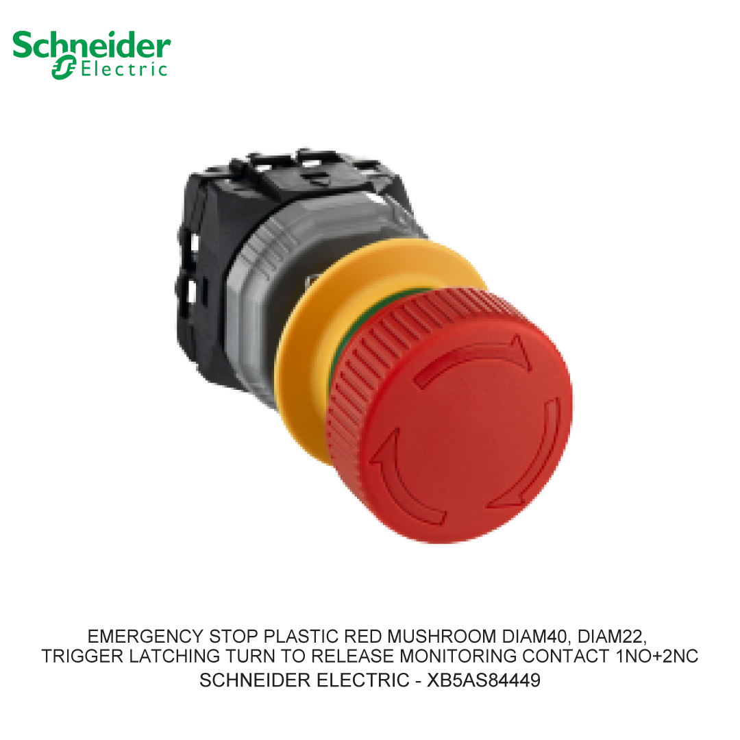 EMERGENCY STOP PLASTIC RED MUSHROOM DIAM40, DIAM22, TRIGGER LATCHING TURN TO RELEASE MONITORING CONTACT 1NO+2NC