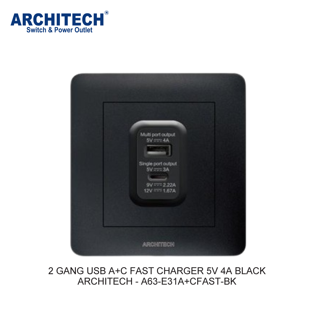 2 GANG USB A+C FAST CHARGER 5V 4A HITAM