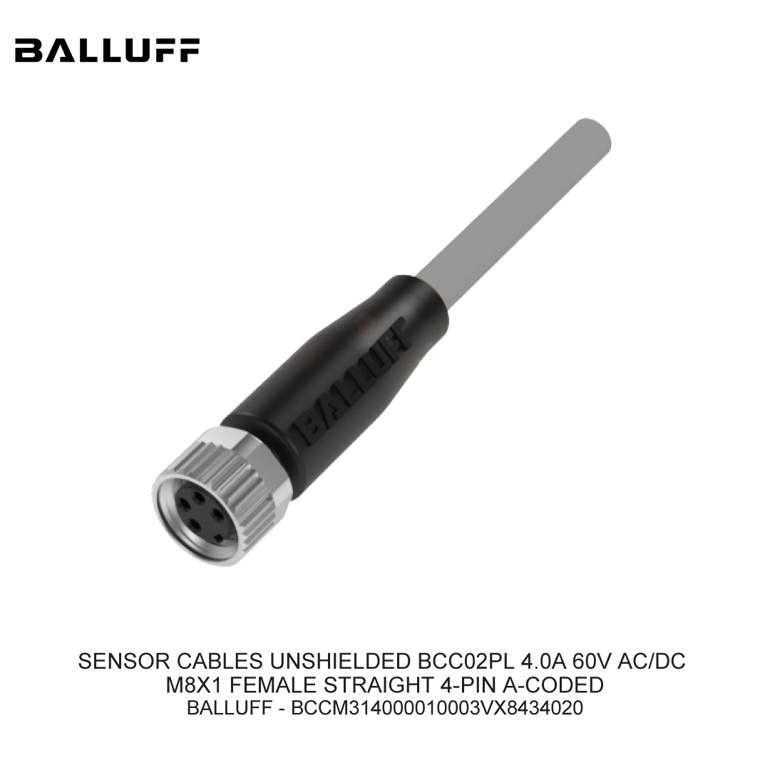 SENSOR CABLES UNSHIELDED BCC02PL 4.0A 60V AC/DC M8X1 FEMALE STRAIGHT 4-PIN A-CODED