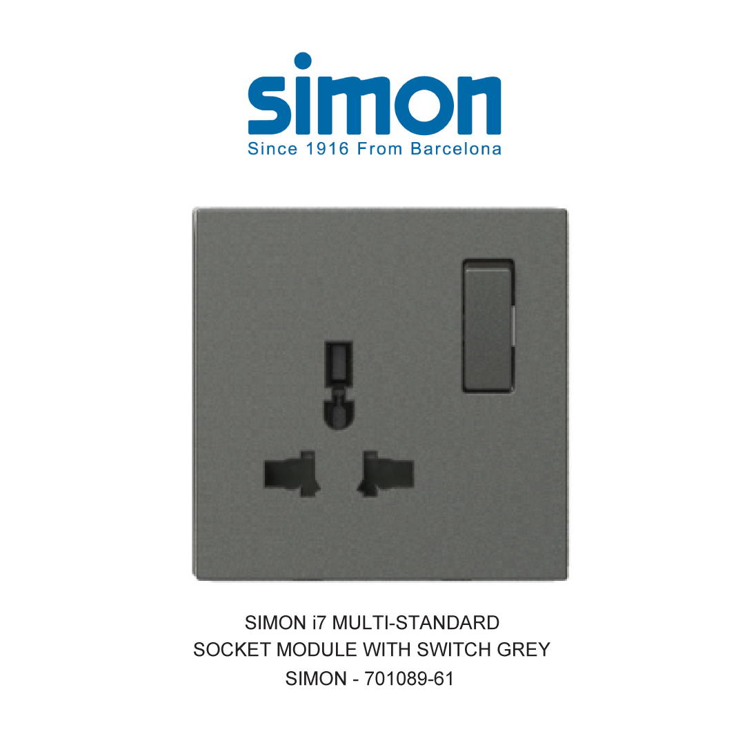 SIMON i7 STOP KONTAK MULTI-STANDARD DENGAN SAKELAR ABU-ABU