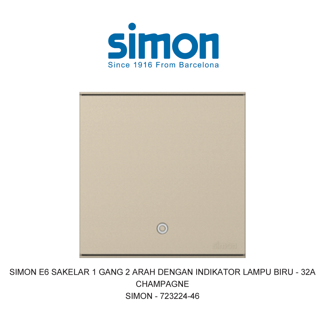 SIMON E6 SAKELAR 1 GANG 2 ARAH DENGAN INDIKATOR LAMPU BIRU - 32A CHAMPAGNE