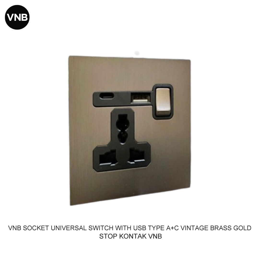 VNB STOP KONTAK UNIVERSAL SWITCH WITH USB TYPE A+C VINTAGE BRASS GOLD
