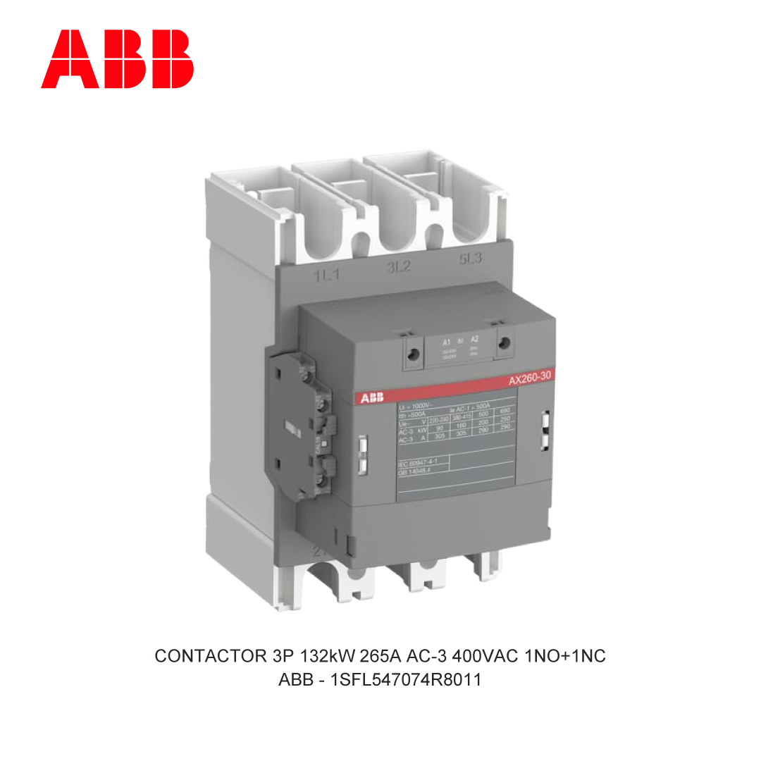 CONTACTOR 3P 132kW 265A AC-3 220-230V COIL 400VAC 1NO+1NC