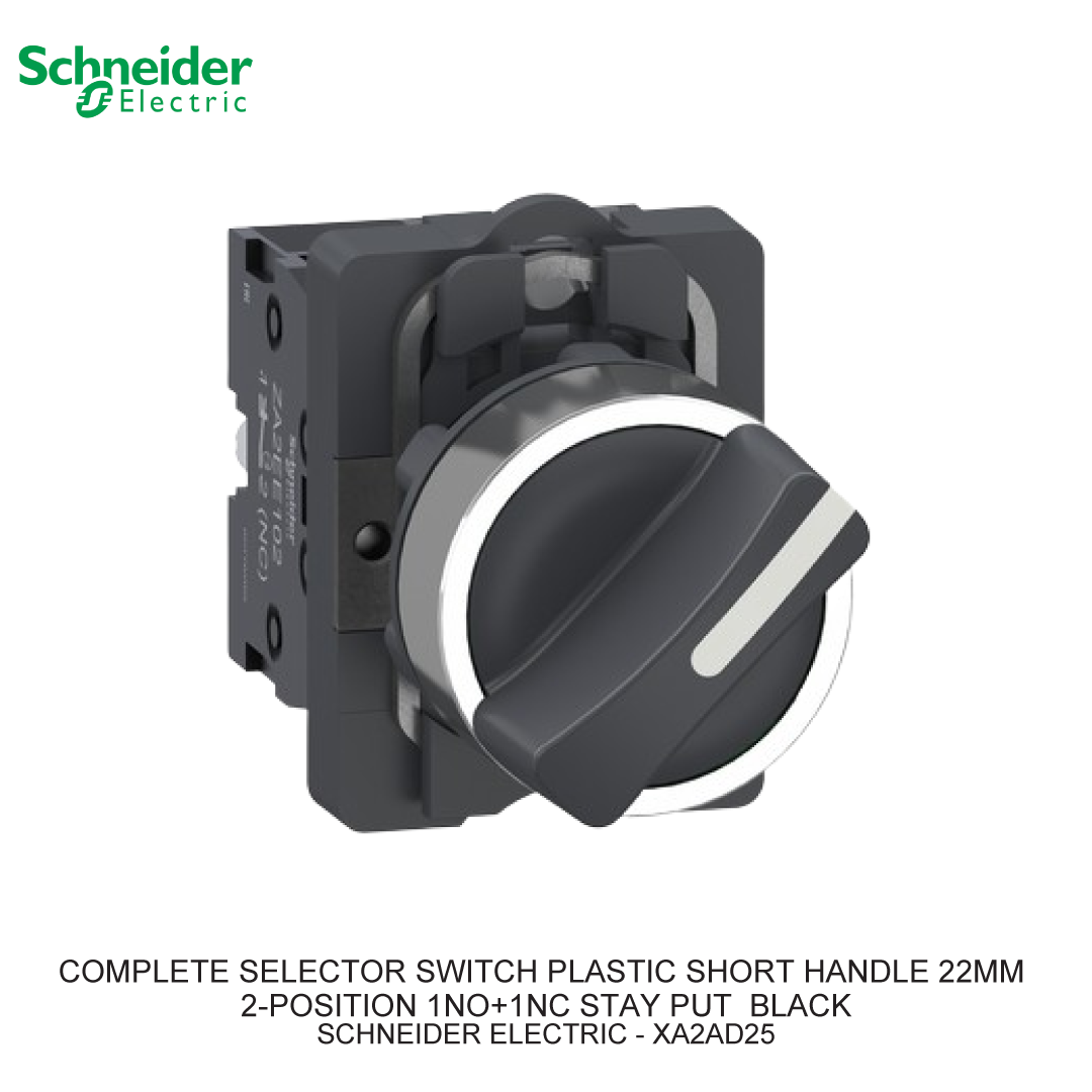 COMPLETE SELECTOR SWITCH PLASTIC SHORT HANDLE 22MM 2-POSITION 1NO+1NC STAY PUT  BLACK