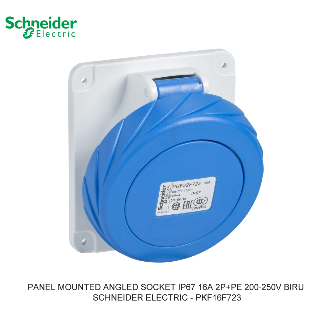 PANEL MOUNTED ANGLED SOCKET IP67 16A 2P+PE 200-250V BIRU