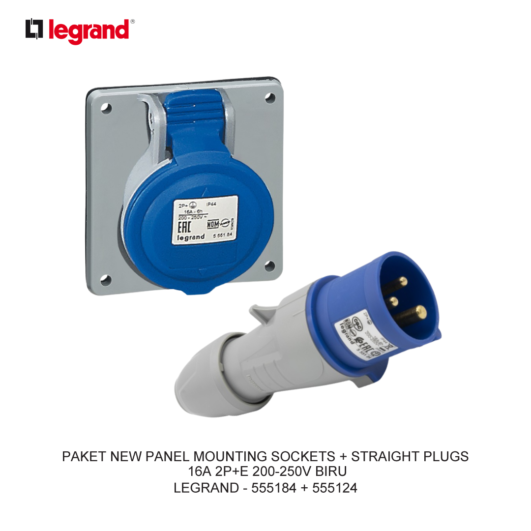 PAKET NEW PANEL MOUNTING SOCKETS + STRAIGHT PLUGS 16A 2P+E 200-250V BIRU