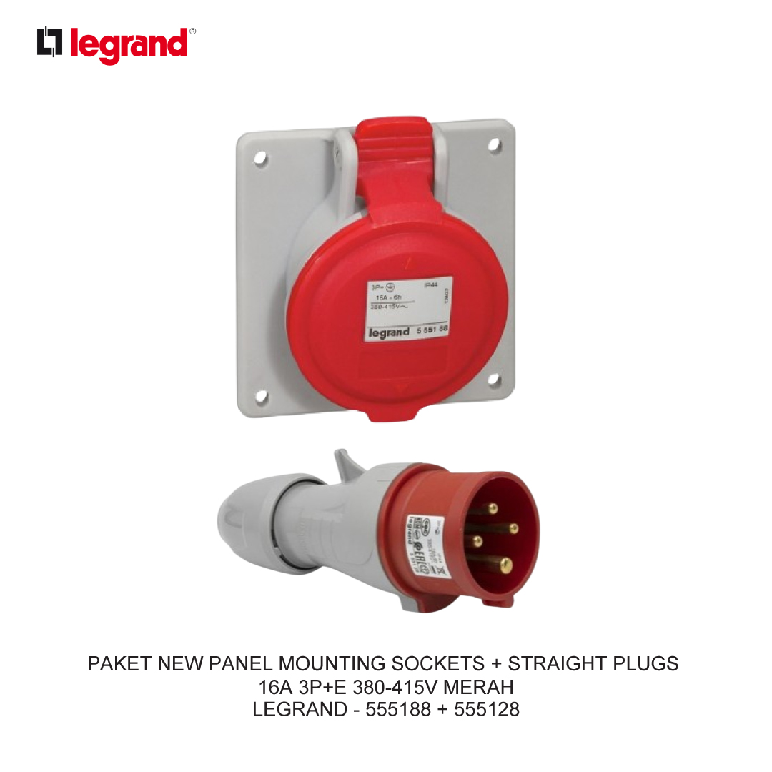 PAKET NEW PANEL MOUNTING SOCKETS + STRAIGHT PLUGS 16A 3P+E 380-415V MERAH
