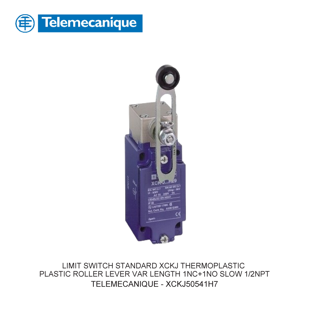 LIMIT SWITCH STANDARD XCKJ THERMOPLASTIC PLASTIC ROLLER LEVER VAR LENGTH 1NC+1NO SLOW 1/2NPT