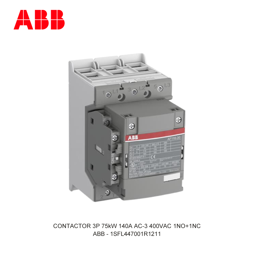 CONTACTOR 3P 75kW 140A AC-3 48-130V AC/DC 400V COIL 1NO+1NC