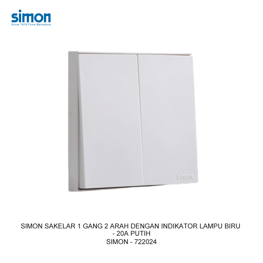 SIMON E6 SAKELAR 1 GANG 2 ARAH DENGAN INDIKATOR LAMPU BIRU - 20A PUTIH