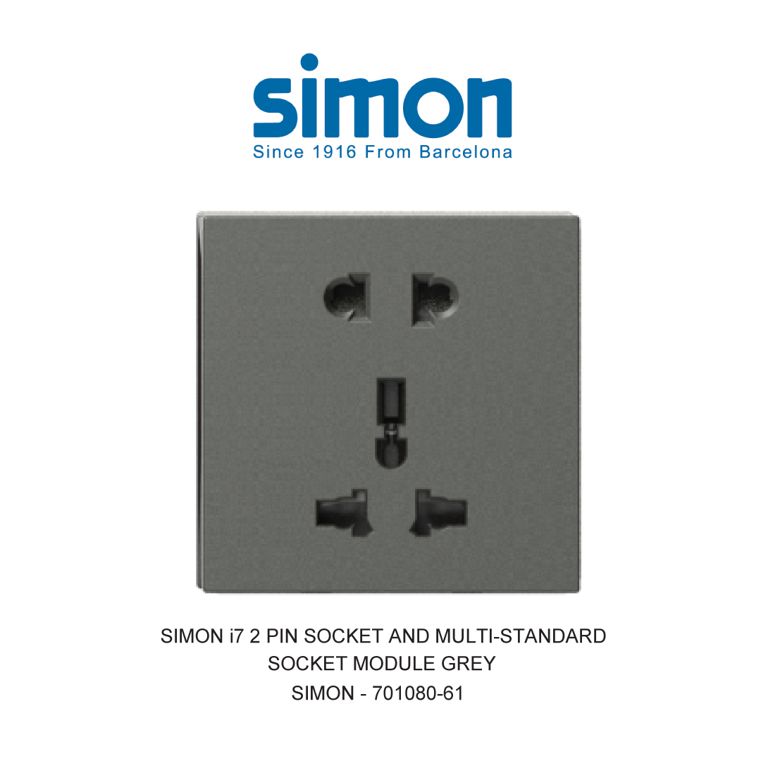 SIMON i7 STOP KONTAK 2 PIN DAN MULTI-STANDARD ABU-ABU