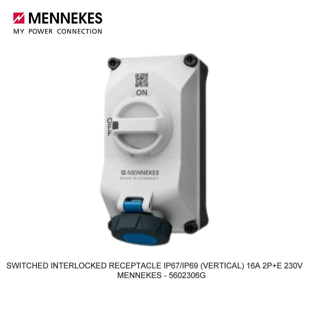 SWITCHED INTERLOCKED RECEPTACLE IP67/IP69 (VERTICAL) 16A 2P+E 230V